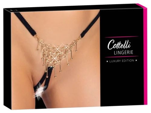 Cottelli Lingerie Black Open-Crotch Thong with White-Gold Effect Jewellery S/M