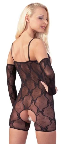 NO:XQSE черен дантелен къс catsuit с открит бюст, отворено дъно и ръкави S/M