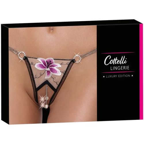 Cottelli Lingerie Luxury Edition Black Open-Crotch Thong with Embroidered Lily & Pearls S/M