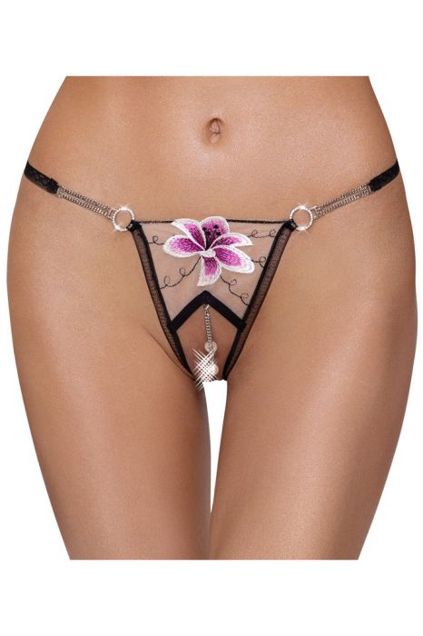 Cottelli Lingerie Luxury Edition Black Open-Crotch Thong with Embroidered Lily & Pearls S/M