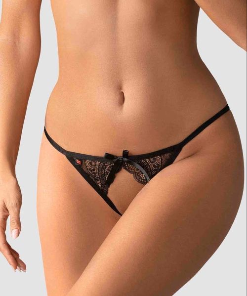 Obsessive Miamor черни дантелени бикини с отворено дъно и панделка S/M