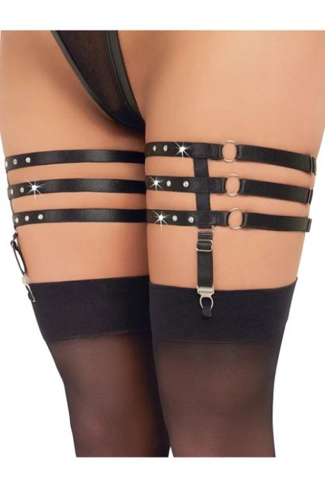 Cottelli Accessories Black Triple-Strap Thigh Garters with Rhinestones S/M