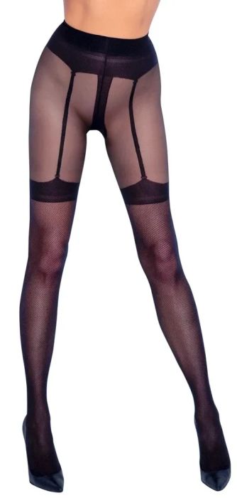 Cottelli LEGWEAR черен мрежест чорапогащник с отворено дъно и жартиерен ефект S/M