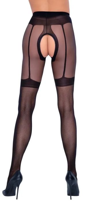 Cottelli LEGWEAR черен мрежест чорапогащник с отворено дъно и жартиерен ефект S/M