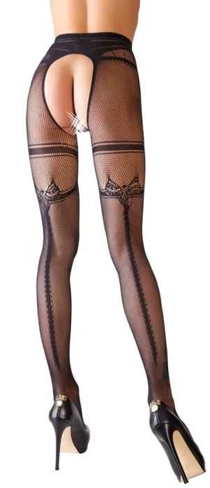 Cottelli LEGWEAR черен мрежест чорапогащник с отворено дъно и декоративен заден шев S/M
