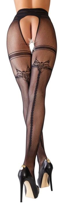 Cottelli LEGWEAR черен мрежест чорапогащник с отворено дъно и декоративен заден шев S/M