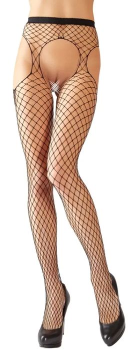 Cottelli LEGWEAR Black Fishnet Suspender Tights with Open Crotch S/M