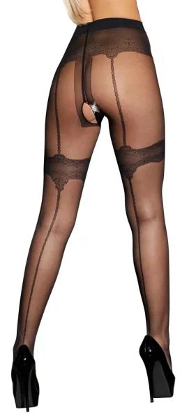 Cottelli LEGWEAR черен чорапогащник с отворено дъно, жартиерен ефект и заден шев S/M