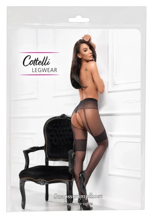 Cottelli LEGWEAR Black Crotchless Tights with Suspender Design S/M