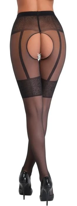 Cottelli LEGWEAR черен чорапогащник с отворено дъно и жартиерен дизайн S/M