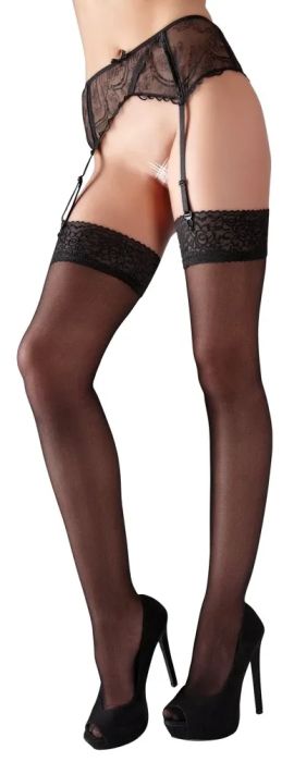 Cottelli LEGWEAR черни чорапи за жартиерен колан с широк дантелен кант S/M
