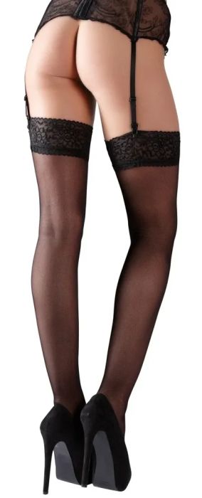 Cottelli LEGWEAR черни чорапи за жартиерен колан с широк дантелен кант S/M