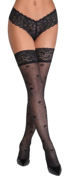 Cottelli LEGWEAR черни самозадържащи чорапи 20 DEN с розов мотив и дантела S/M