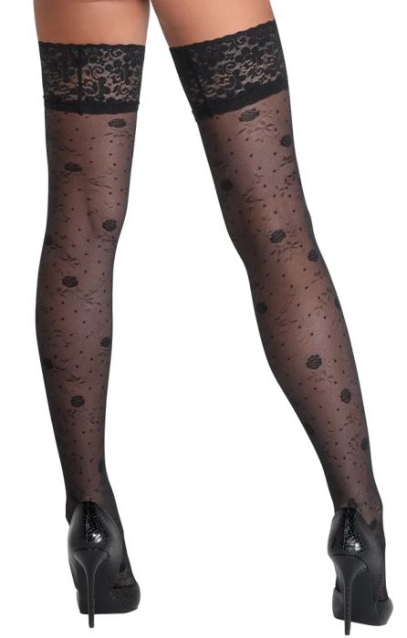 Cottelli LEGWEAR черни самозадържащи чорапи 20 DEN с розов мотив и дантела S/M
