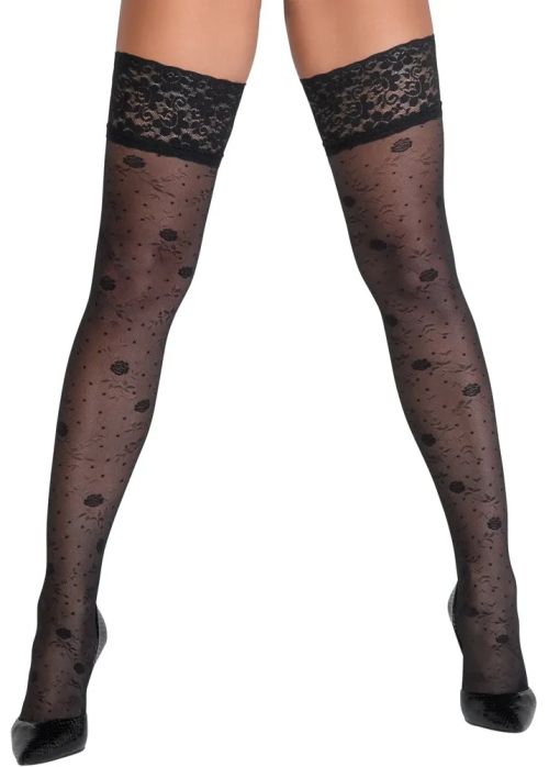Cottelli LEGWEAR черни самозадържащи чорапи 20 DEN с розов мотив и дантела S/M
