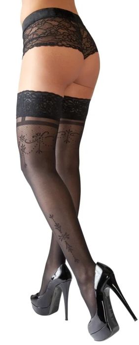 Cottelli LEGWEAR черни самозадържащи чорапи с дантела и декоративен мотив отзад S/M