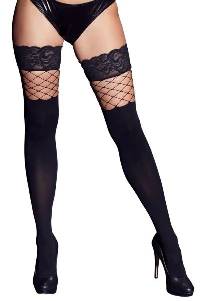 Cottelli LEGWEAR черни самозадържащи чорапи 2 в 1 с плътна и мрежеста част S/M