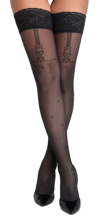 Cottelli LEGWEAR черни самозадържащи чорапи 40 DEN с точки и жартиерен ефект S/M