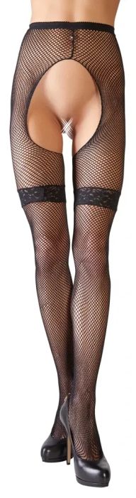 Cottelli LEGWEAR черен мрежест жартиерен чорапогащник с отворено дъно и дантела S/M