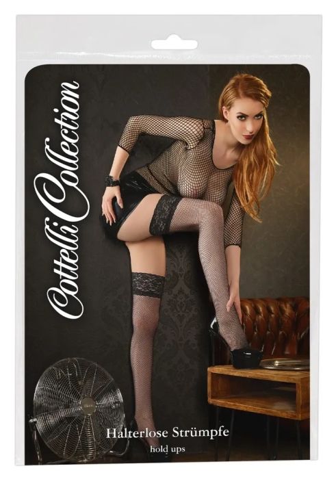 Cottelli LEGWEAR черни самозадържащи мрежести чорапи с 10 см дантелен кант S/M