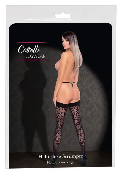 Cottelli LEGWEAR черни самозадържащи чорапи 30 DEN с леопардов мотив S/M