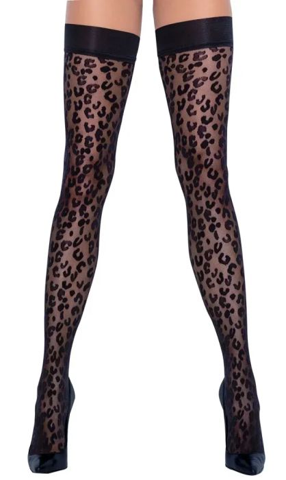 Cottelli LEGWEAR черни самозадържащи чорапи 30 DEN с леопардов мотив S/M