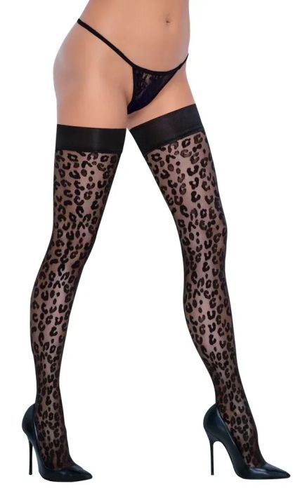 Cottelli LEGWEAR черни самозадържащи чорапи 30 DEN с леопардов мотив S/M