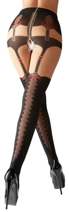 Cottelli LEGWEAR черен жартиерен чорапогащник с отворено дъно и ефект на връзки S/M