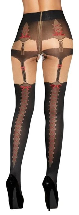 Cottelli LEGWEAR черен жартиерен чорапогащник с отворено дъно и ефект на връзки S/M