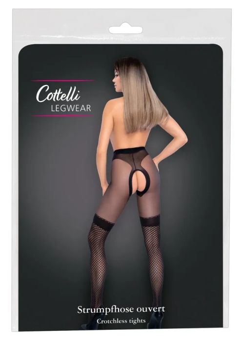 Cottelli LEGWEAR черен чорапогащник 30 DEN с отворено дъно и мрежест overknee дизайн S/M