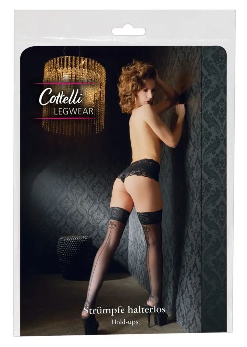 Cottelli LEGWEAR черни самозадържащи чорапи с дантела, заден шев и лилиев мотив S/M