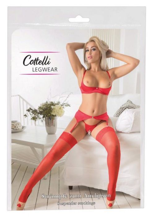 Cottelli LEGWEAR червени 20 DEN чорапи за жартиерен колан с 7 см дантелен кант S/M