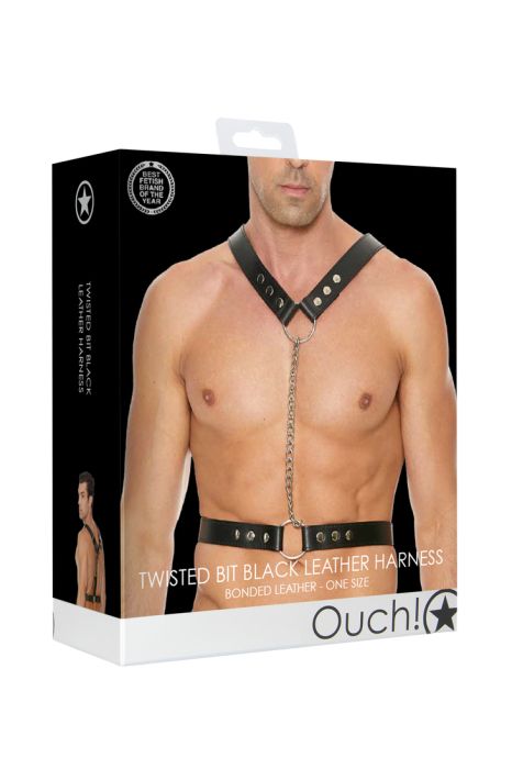 Ouch! Twisted Bit черен BDSM харнес от пресована кожа с метални O-ring халки