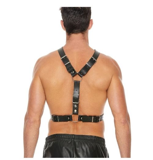 Ouch! Twisted Bit черен BDSM харнес от пресована кожа с метални O-ring халки