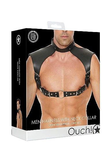 Ouch! Men Harness with Neck Collar черен BDSM харнес с нашийник и O-ring