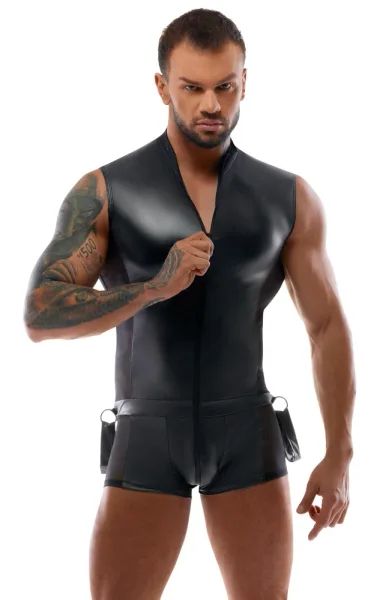 Svenjoyment BONDAGE черен мъжки гащеризон с маншети и халки S/XL
