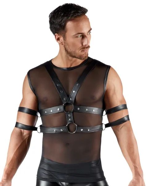 Svenjoyment BONDAGE черен мрежест потник с гръден харнес и 4 маншета S/XL