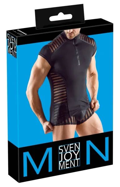 Svenjoyment Black Men's Microfibre Shirt with Sheer Stripes and Front Zip S/XL