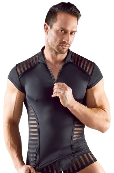 Svenjoyment Black Men's Microfibre Shirt with Sheer Stripes and Front Zip S/XL