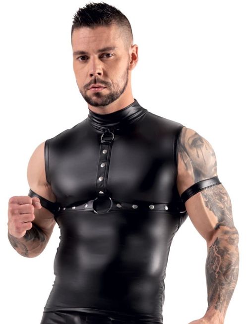 Svenjoyment BONDAGE Black Men's Top with Chest Harness and Arm Cuffs S/XL