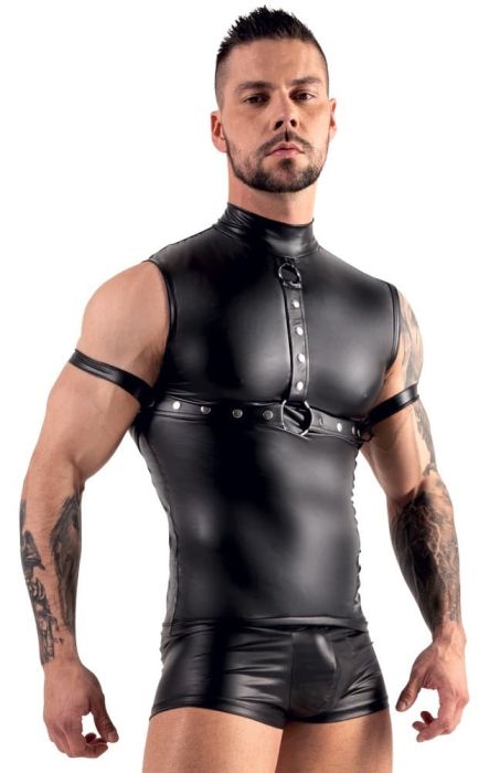 Svenjoyment BONDAGE черен мъжки топ с гръден харнес и маншети за ръце S/XL