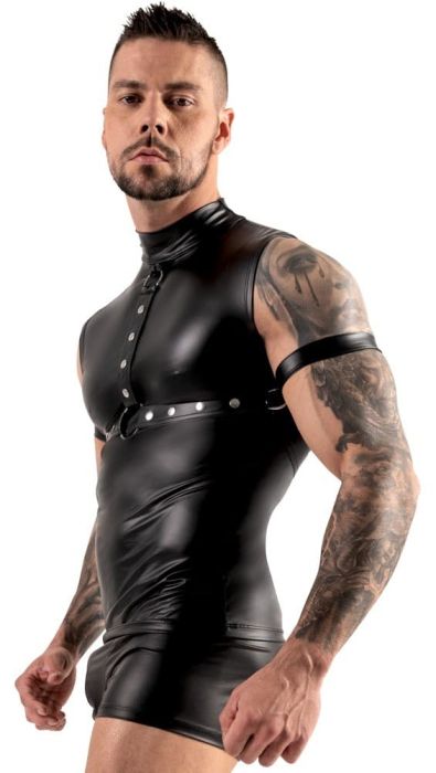 Svenjoyment BONDAGE черен мъжки топ с гръден харнес и маншети за ръце S/XL