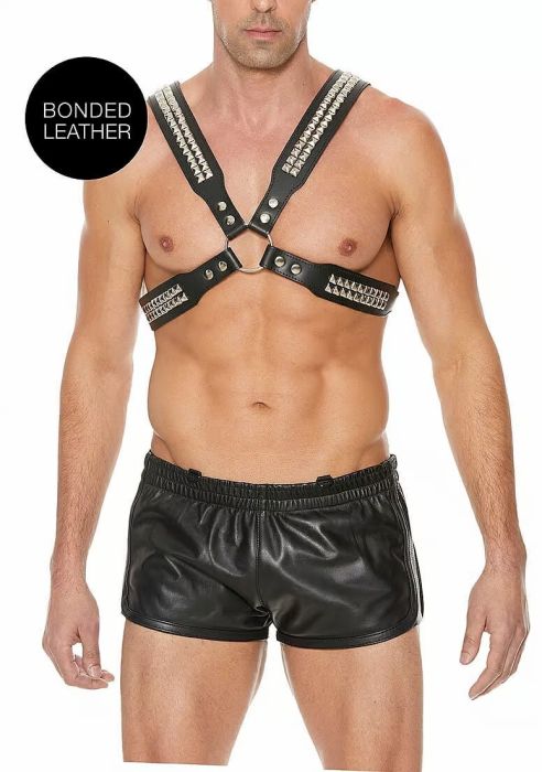 Ouch! Men's Pyramid Stud черен BDSM харнес от пресована кожа с пирамидални капси