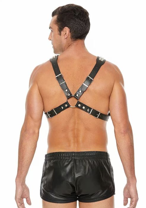 Ouch! Men's Pyramid Stud черен BDSM харнес от пресована кожа с пирамидални капси