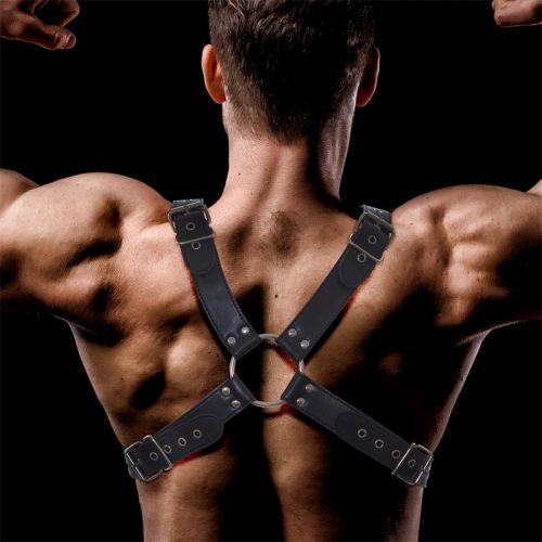 IntoYou BDSM Line Darom черен мъжки BDSM харнес от веган кожа с O-ring халки
