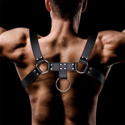 IntoYou BDSM Line Domine черен мъжки BDSM харнес от веган кожа с 6 метални халки