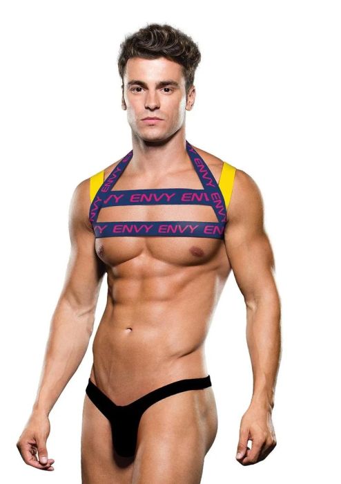 Envy Menswear Logo Harness Blue/Yellow Men's Chest Harness with Pink Logo S/XL