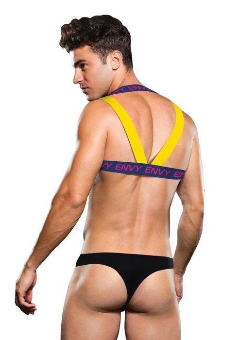 Envy Menswear Logo Harness Blue/Yellow Men's Chest Harness with Pink Logo S/XL