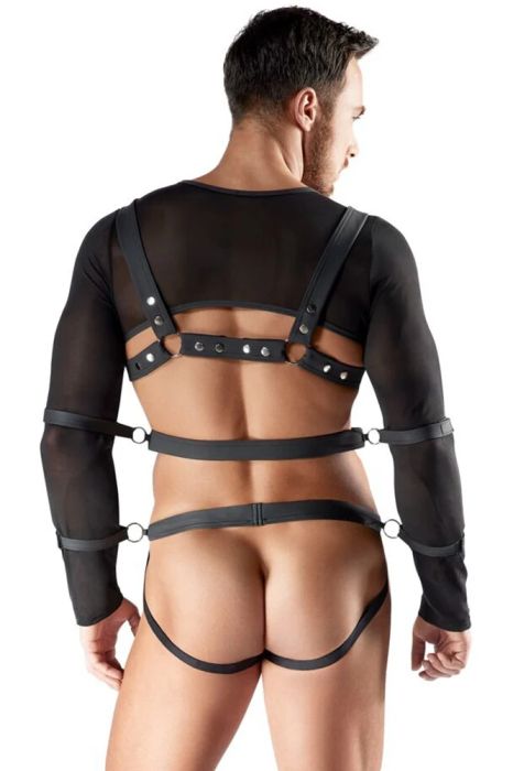Svenjoyment BONDAGE черен soft bondage комплект с топ, харнес, джокстрап и 4 маншета S/XL