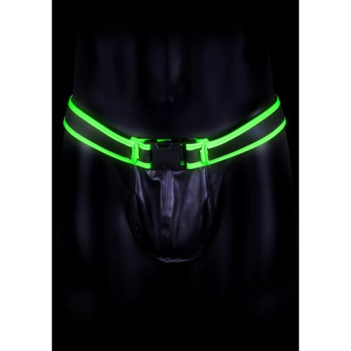 Ouch! Glow in the Dark черен мъжки джокстрап от PU кожа със светещи зелени ленти и катарама S/XL